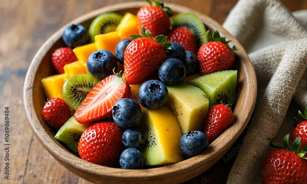A close-up video of a wooden bowl filled with a variety of fresh fruits and vegetables, including strawberries, blueberries, kiwis, and grapes. A close-up video of a wooden bowl filled with a variety of fresh fruits and vegetables, including strawberries, blueberries, kiwis, and grapes.