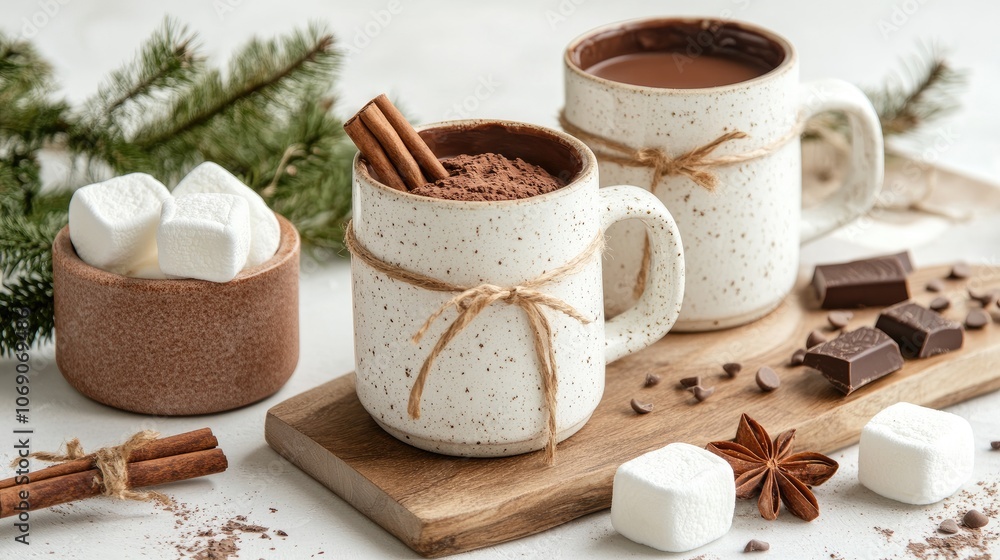 Luxurious hot chocolate gift set with artisanal mugs, mini marshmallows, and chocolate powder, perfect for New Year on a white background Luxurious hot chocolate gift set with artisanal mugs, mini marshmallows, and chocolate powder, perfect for New Year on a white background