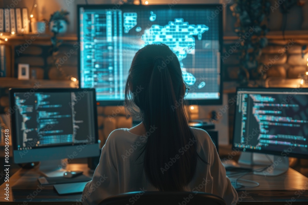 Young Asian woman codes big data mining and AI projects. Young Asian woman codes big data mining and AI projects.