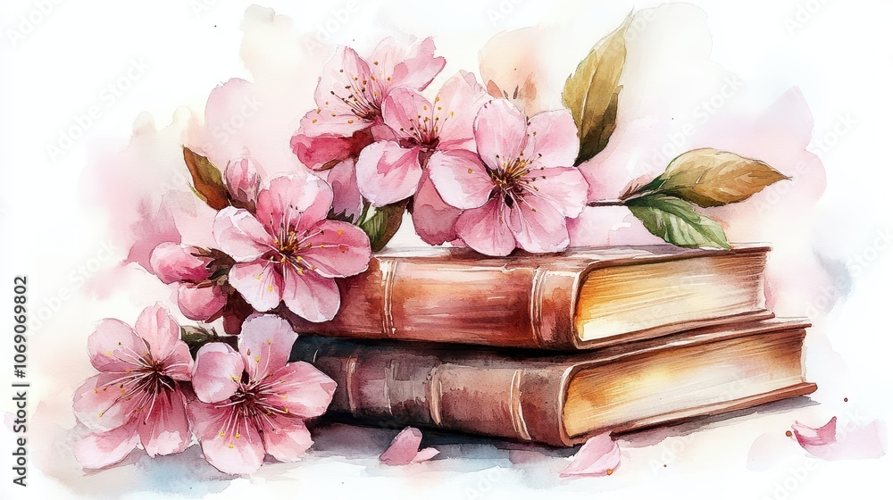 Fototapeta premium Watercolor Books with Cherry Blossoms Design