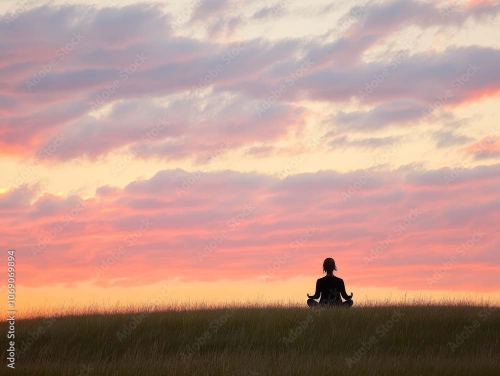 Serene Meditation on a Grassy Hill at Sunset Serene Meditation on a Grassy Hill at Sunset