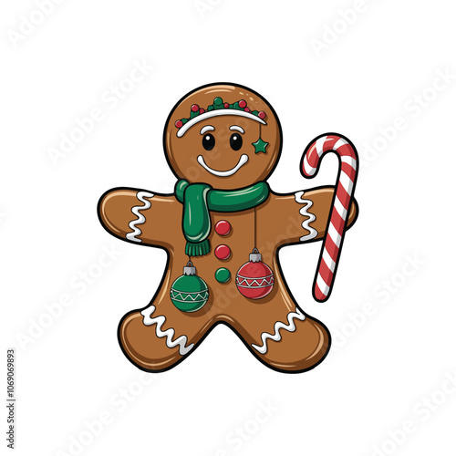 Christmas gingerbread cookies vector, gingerbread holding candy can vector