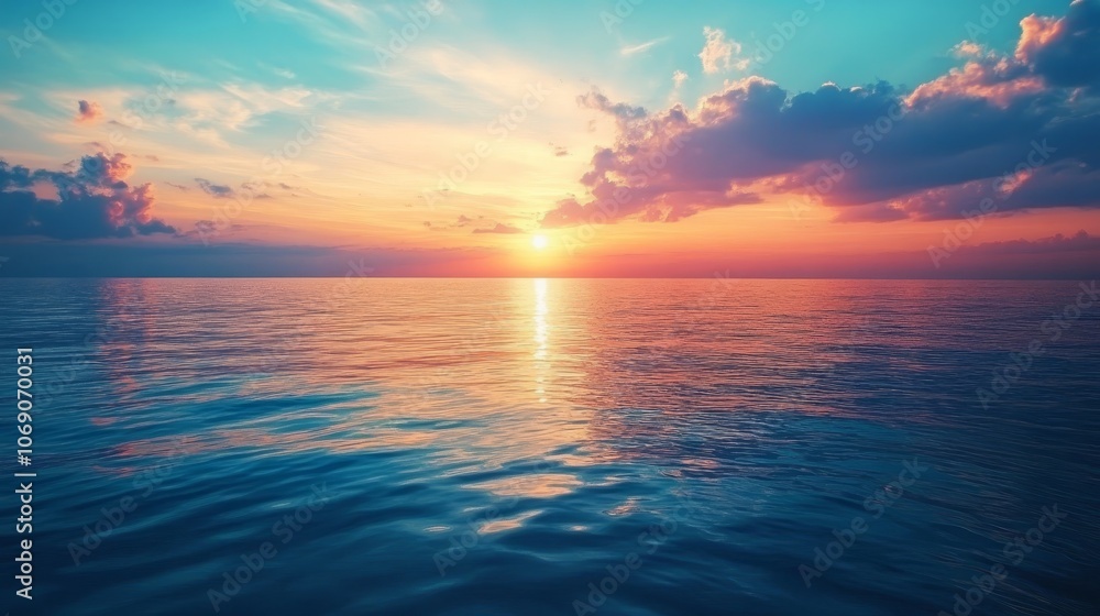 A serene sunset over a calm ocean, reflecting vibrant colors and a peaceful atmosphere. A serene sunset over a calm ocean, reflecting vibrant colors and a peaceful atmosphere.