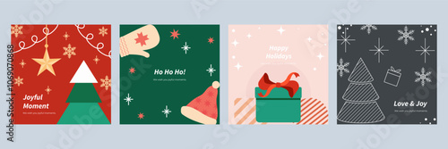 Festive Holiday Cards With Christmas Ornaments. Set of four holiday cards featuring Christmas ornaments and festive decorations. Perfect for celebrating the joyful moments of the season