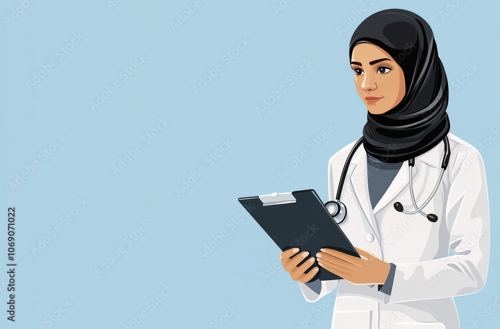 Arab woman in a hijab as a doctor illustration isolated on a blue background Arab woman in a hijab as a doctor illustration isolated on a blue background
