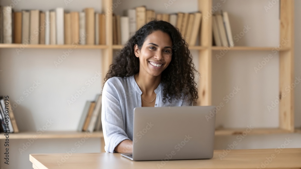 A woman with curly hair smiles while using her laptop in a warm, welcoming study A woman with curly hair smiles while using her laptop in a warm, welcoming study