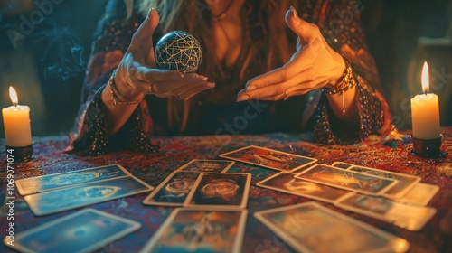 dimly lit room fortune teller manipulates tarot cards and crystal ball illuminated flickering candlelight creating aura mystery and magic. photo