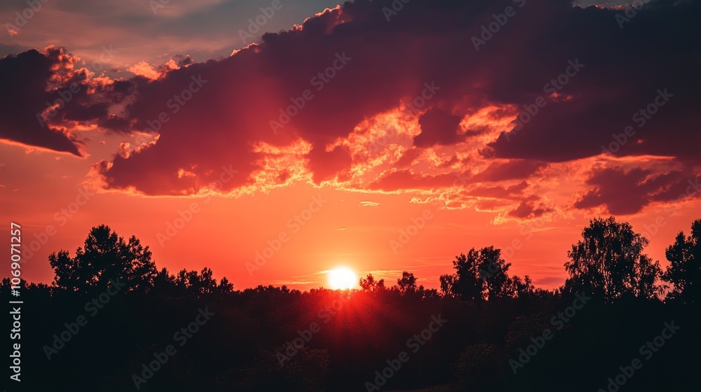Fototapeta premium A vibrant sunset over a forest, casting warm hues across the sky and illuminating the landscape.