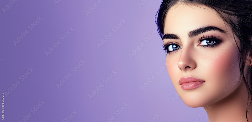 Fototapeta premium Portrait of a beautiful woman isolated on a solid lavender background