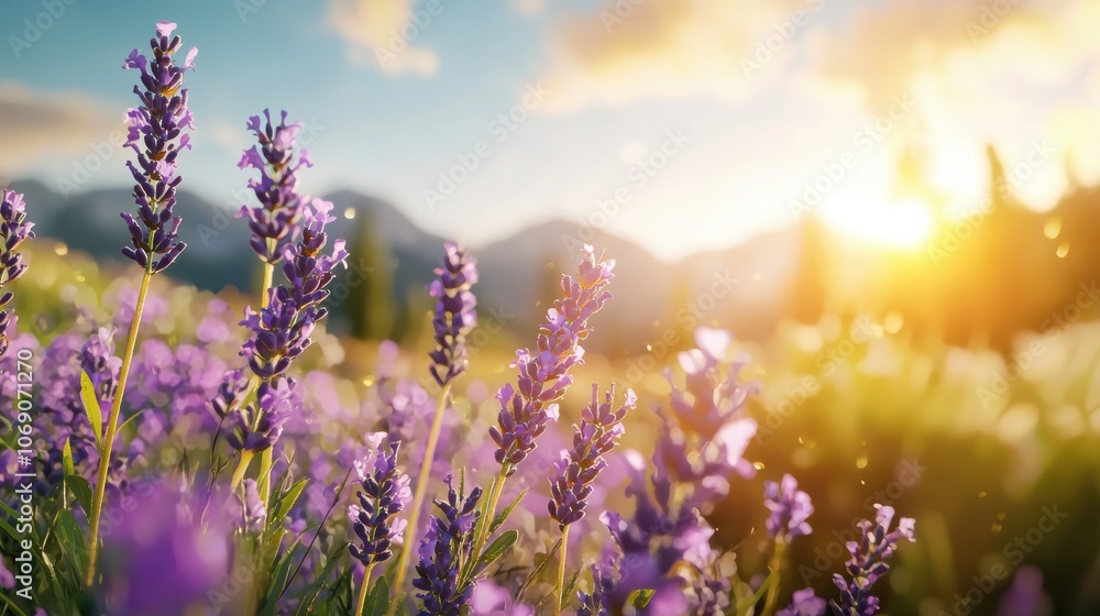 Naklejka premium Lavender Field Under Sunset Glow in Ultra HD