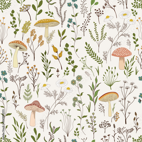 Seamless pattern. Set of colorful wild plants and cute fungus on white background