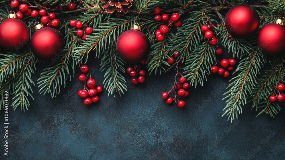 Red balls decoration and green Christmas tree on dark blue background. Winter flat lay template, banner concept for Christmas, New Year and sale season. Web card and backdrop with space for text Red balls decoration and green Christmas tree on dark blue background. Winter flat lay template, banner concept for Christmas, New Year and sale season. Web card and backdrop with space for text