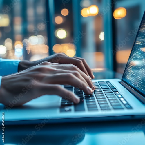 A close-up of a business person typing on a laptop, emphasizing the hands and keyboard with a modern office background. The scene highlights focus and productivity in a contemporary workspace. photo