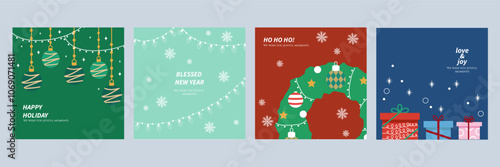 Festive Holiday Cards With Christmas Ornaments. Set of four holiday cards featuring Christmas ornaments and festive decorations. Perfect for celebrating the joyful moments of the season