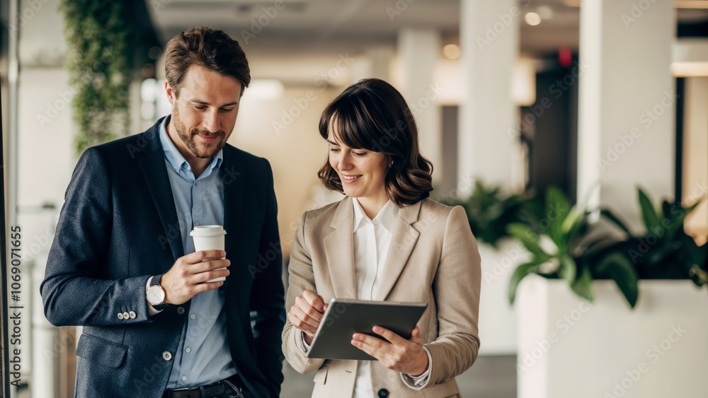 Business professionals discussing project details in a modern office during daylight hours Business professionals discussing project details in a modern office during daylight hours