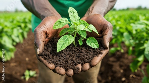 Hands Holding Black Soil with Young Plant in Farm