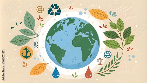 Sustainability Concept with Global Environmental Symbols, Eco-Friendly Earth Illustration
