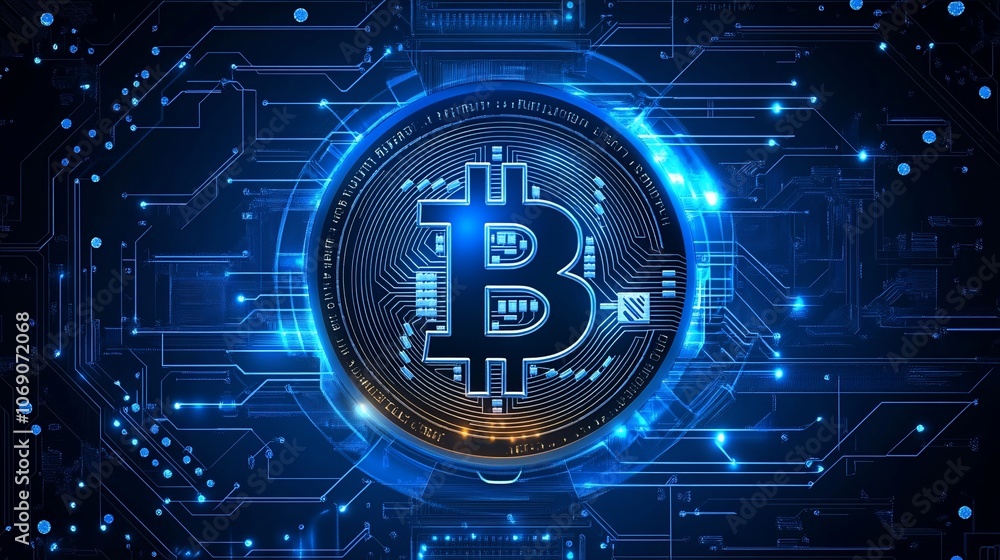 A glowing Bitcoin symbol sits in the center of a blue circuit board, surrounded by glowing lines. A glowing Bitcoin symbol sits in the center of a blue circuit board, surrounded by glowing lines.