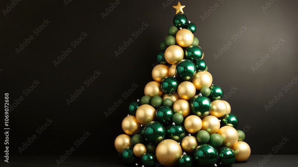 Christmas tree design made with carefully arranged green and gold balloons, creating a festive pop-art style. Christmas tree design made with carefully arranged green and gold balloons, creating a festive pop-art style.