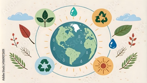 Sustainability Concept with Global Environmental Symbols, Eco-Friendly Earth Illustration