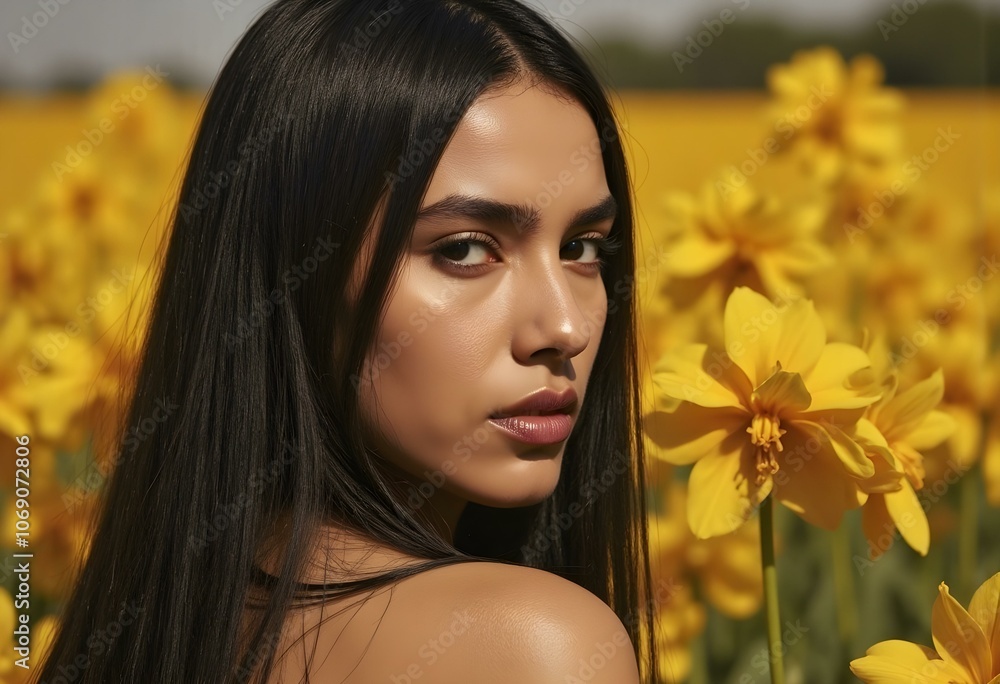 Naklejka premium Flower portrait. Beautiful latin woman with natural beauty and shine hair posing in nature. Toned in warm colours . Horizontal shot.
