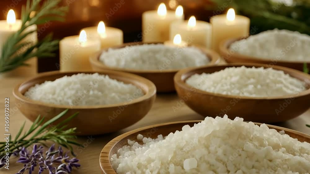 Four bowls of bath salts sit on a wooden table surrounded by candles Four bowls of bath salts sit on a wooden table surrounded by candles