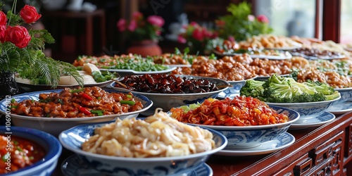 An array of diverse Chinese dishes decoratively arranged on a buffet table, featuring a variety of flavors and colors. photo