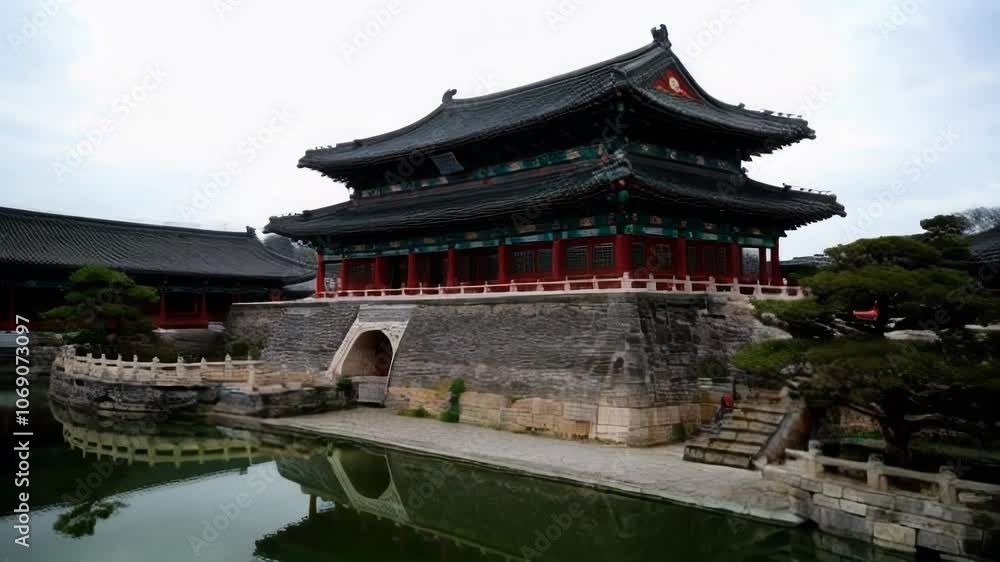 A serene traditional temple reflected in water, surrounded by greenery, highlighting cultural heritage and architectural beauty. A serene traditional temple reflected in water, surrounded by greenery, highlighting cultural heritage and architectural beauty.