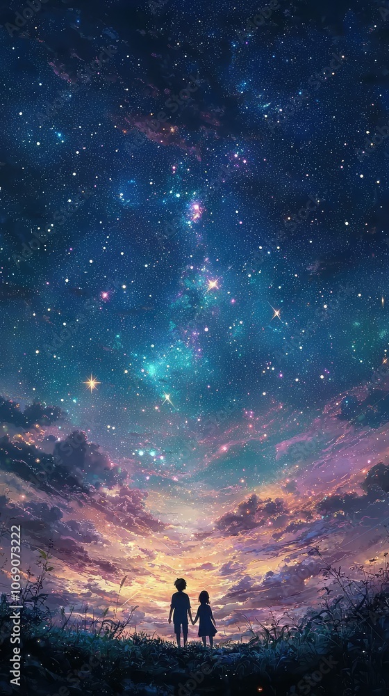 Serene View of Starry Sky with Silhouettes of Two Figures Serene View of Starry Sky with Silhouettes of Two Figures
