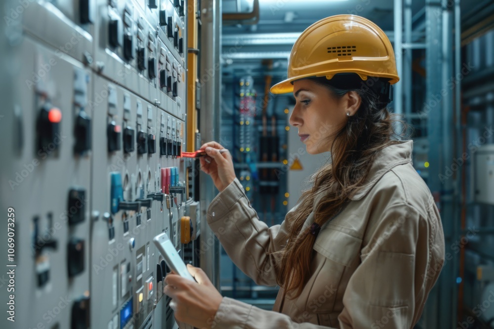 Side view of female engineer programming fuse box through smart phone at power station Side view of female engineer programming fuse box through smart phone at power station