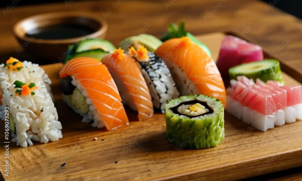A close-up view of a sushi platter, featuring a variety of sushi rolls in different colors and flavors. A close-up view of a sushi platter, featuring a variety of sushi rolls in different colors and flavors.