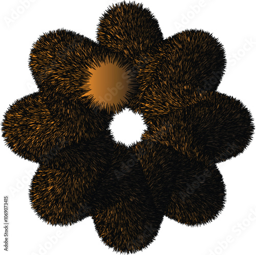A Furry Brown Floral Design Element on a White Background A digital illustration of a flower-shaped design composed of overlapping, furry, dark brown spheres