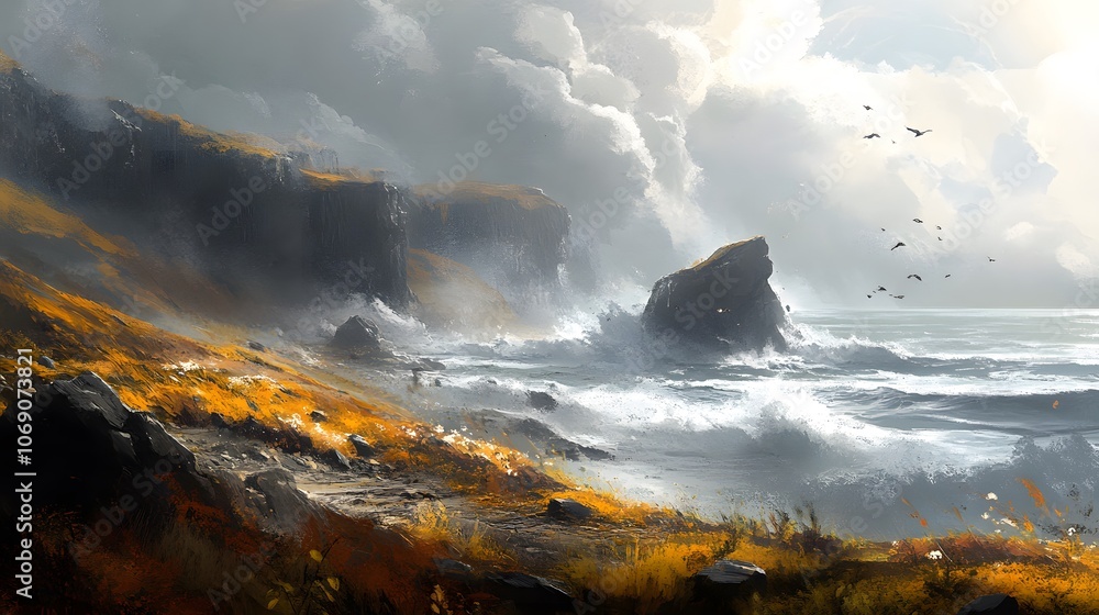 Fototapeta premium A coastal landscape with rugged cliffs, crashing waves, and wind-swept vegetation.