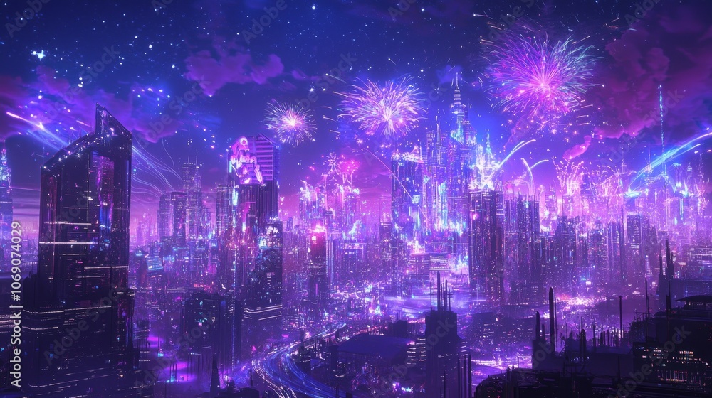 Fototapeta premium Vibrant New Year Celebration with Colorful Fireworks Over City Skyline - Ultra-Detailed Festive Scene for Banner Backdrop