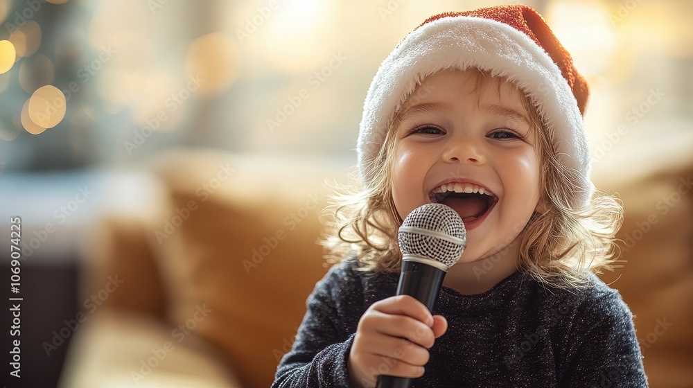 Happy Boy in Christmas Hat Singing with Joy Happy Boy in Christmas Hat Singing with Joy
