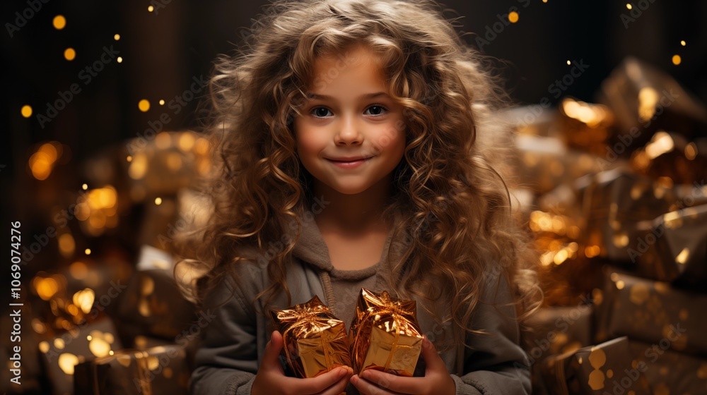 Smiling little girl holding colorful gift boxes, filled with joy and excitement.