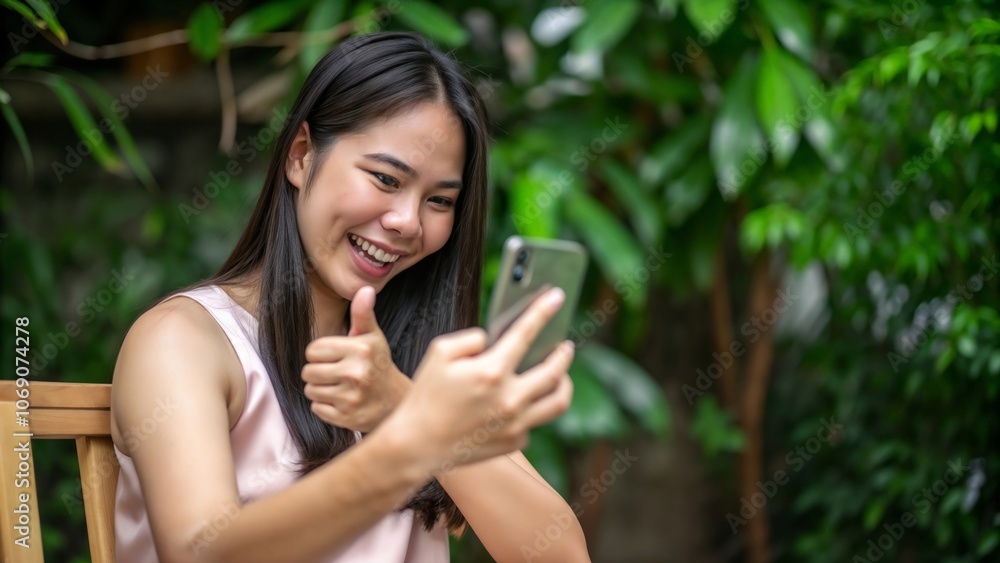 Happy Woman Engaging with Smartphone Outdoors Happy Woman Engaging with Smartphone Outdoors