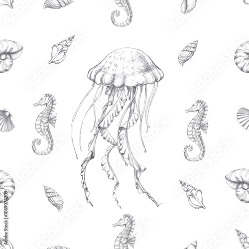 Seamless pattern with jellyfish and seahorse on white background. Pencil graphic illustration for seafood restaurant design, packaging printing, printing, holiday decoration in marine style photo