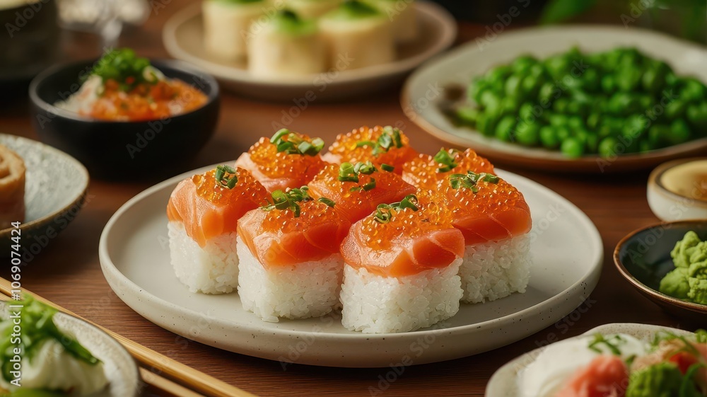 A vibrant sushi platter featuring salmon roe on rice, surrounded by colorful side dishes like edamame and dumplings, showcasing a delicious Japanese meal. A vibrant sushi platter featuring salmon roe on rice, surrounded by colorful side dishes like edamame and dumplings, showcasing a delicious Japanese meal.