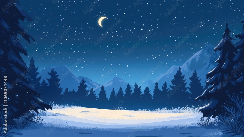 Deep indigo Christmas night sky with a crescent moon, stars sparkling over a peaceful snow-covered field and evergreens. Deep indigo Christmas night sky with a crescent moon, stars sparkling over a peaceful snow-covered field and evergreens.