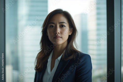 A businesswoman in a tailored navy blazer, captured in an office setting with floor-to-ceiling windows