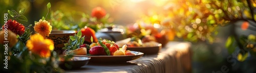 A beautifully set outdoor dining scene adorned with vibrant flowers, delicious food, and warm, natural sunlight, creating a perfect atmosphere for gatherings.