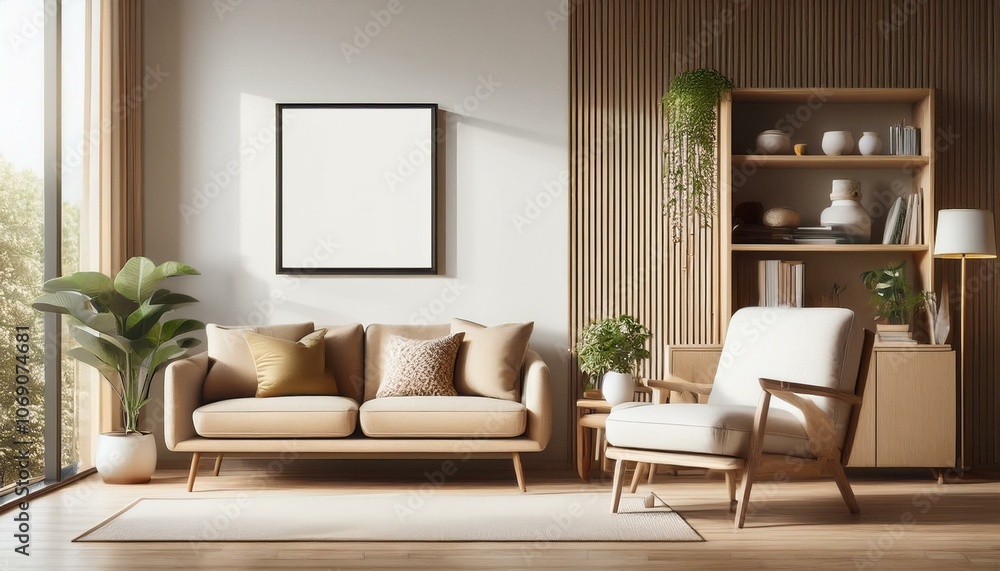 Home living room interior couch and armchair with shelf, window and mockup frame Home living room interior couch and armchair with shelf, window and mockup frame