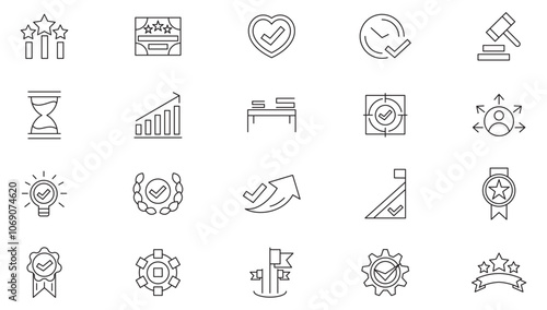 Core values line icon set. Core value, innovation, leadership, strategy, performance, social services, legislative development, goals, integrity, customer line icon set. UI thin line icon pack.