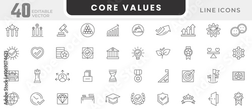 Core values line icon set. Core value, innovation, leadership, strategy, performance, social services, legislative development, goals, integrity, customer line icon set. UI thin line icon pack.