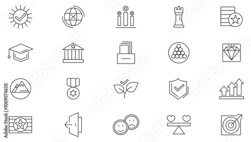 Core values line icon set. Core value, innovation, leadership, strategy, performance, social services, legislative development, goals, integrity, customer line icon set. UI thin line icon pack.