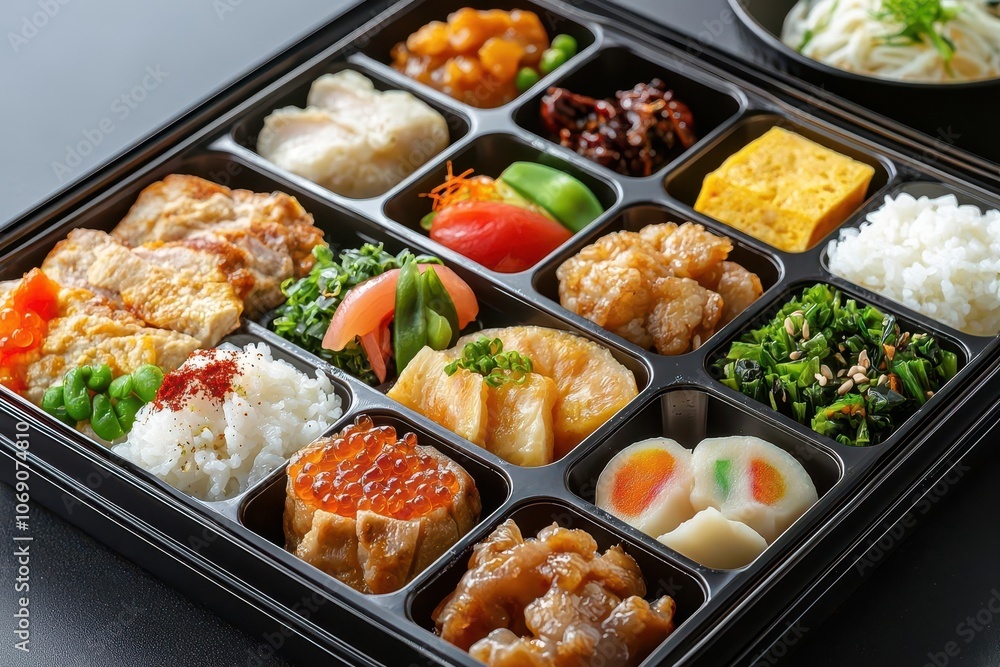 A vibrant bento box filled with a variety of delicious dishes, including meats, vegetables, and rice, offering a colorful and appetizing presentation. A vibrant bento box filled with a variety of delicious dishes, including meats, vegetables, and rice, offering a colorful and appetizing presentation.