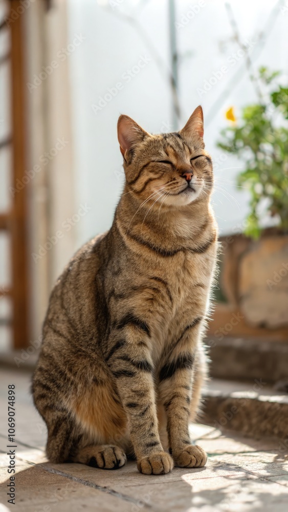 A relaxed cat sitting in sunlight near a cheerful flower in a cozy space. Generative AI A relaxed cat sitting in sunlight near a cheerful flower in a cozy space. Generative AI