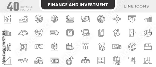 Finance and Investment line icon set. Accountant, financial calculation, audit and analysis, risk, savings, income, expenses, cash, banking, investments, economics line icon set. UI thin icon pack