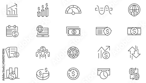 Finance and Investment line icon set. Accountant, financial calculation, audit and analysis, risk, savings, income, expenses, cash, banking, investments, economics line icon set. UI thin icon pack